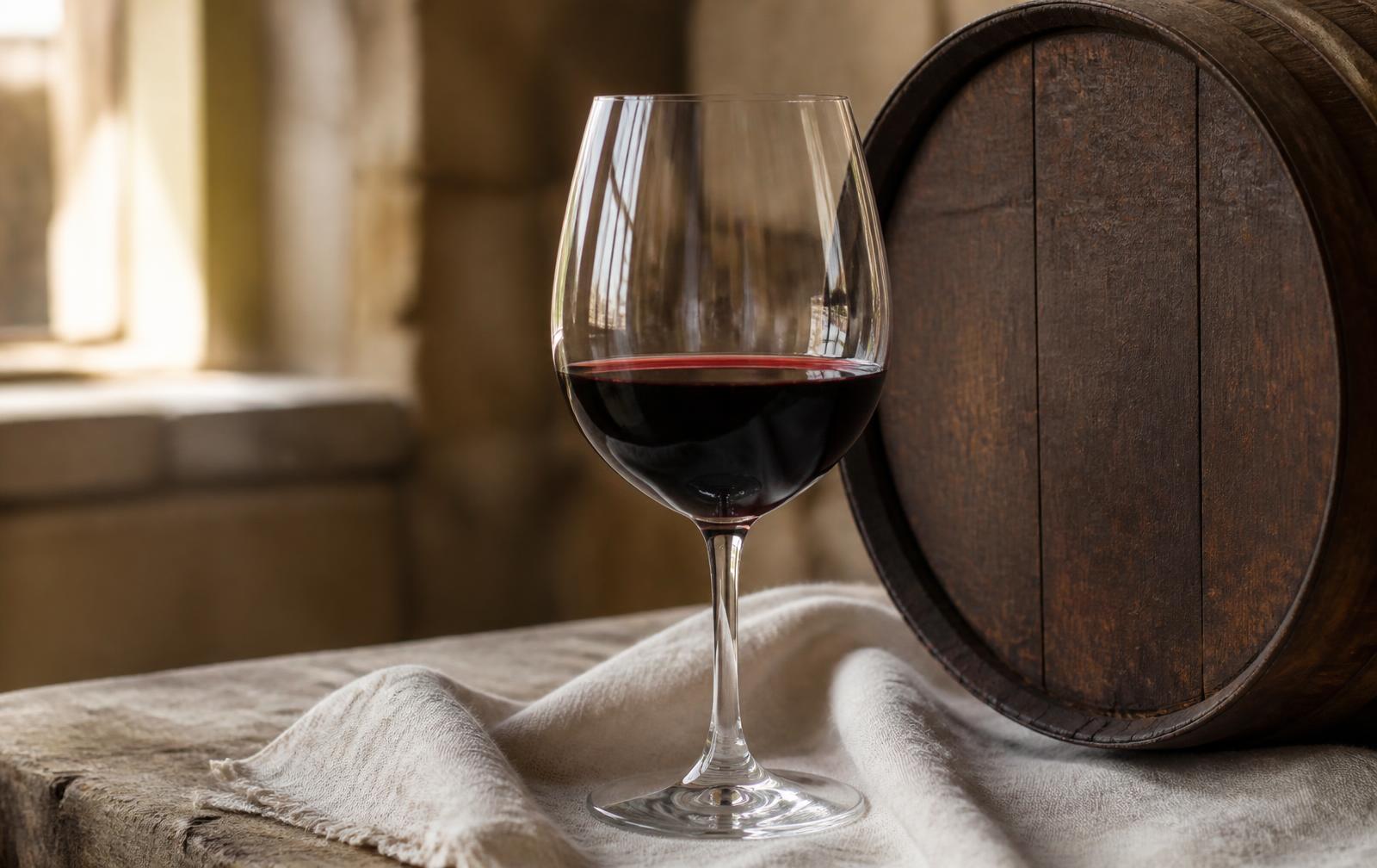 Copa de vino junto a una barrica